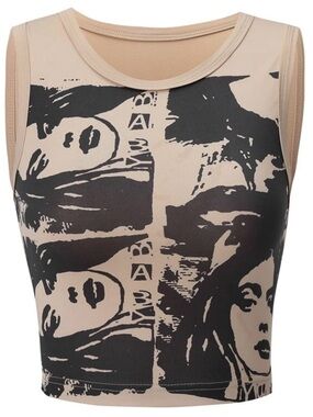 SHEIN Beige & Black Graphic Sleeveless Crop Top